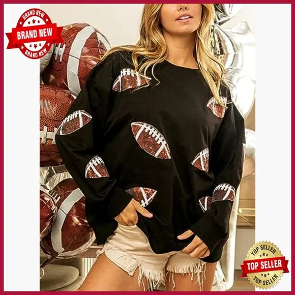 Loose Fit Football Sequin Sweatshirt Long Sleeve Pullover Casual Gameday Top - Picture 2 of 7